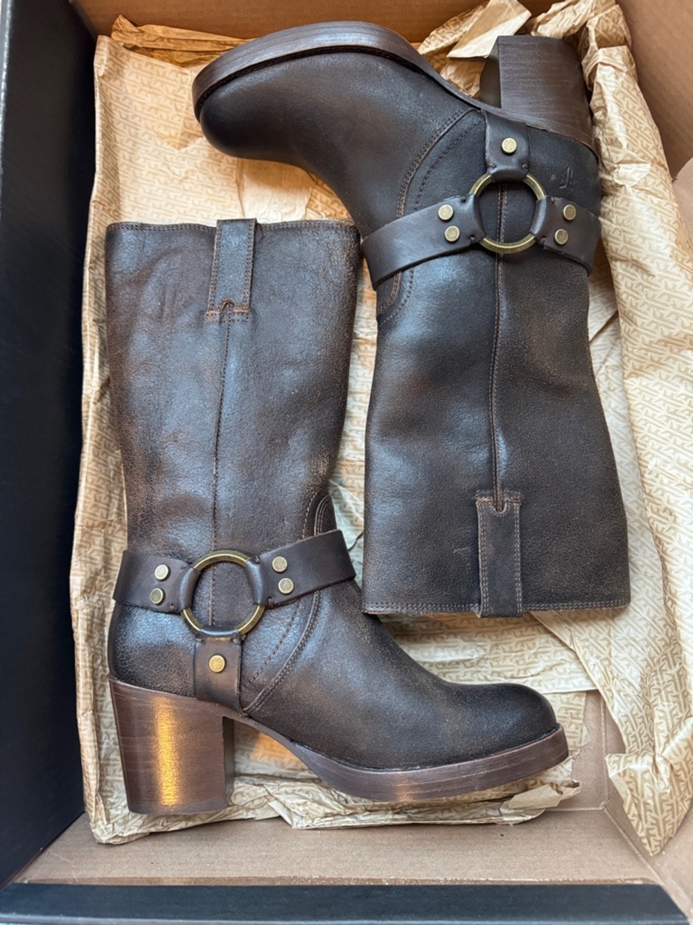 Frye Jean harness boots in chocolate Women’s Mid-Calf Brown Leather Block boot - Picture 6 of 10